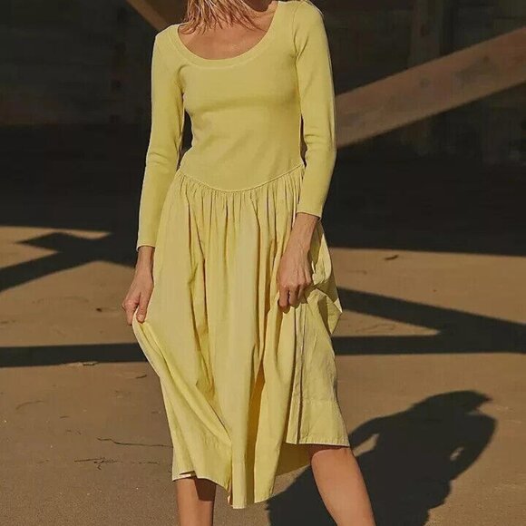 Free People Free-Est Fp Beach Aelia Drop-Waist Midi Dress Flared Solid L 271243 - Picture 1 of 8